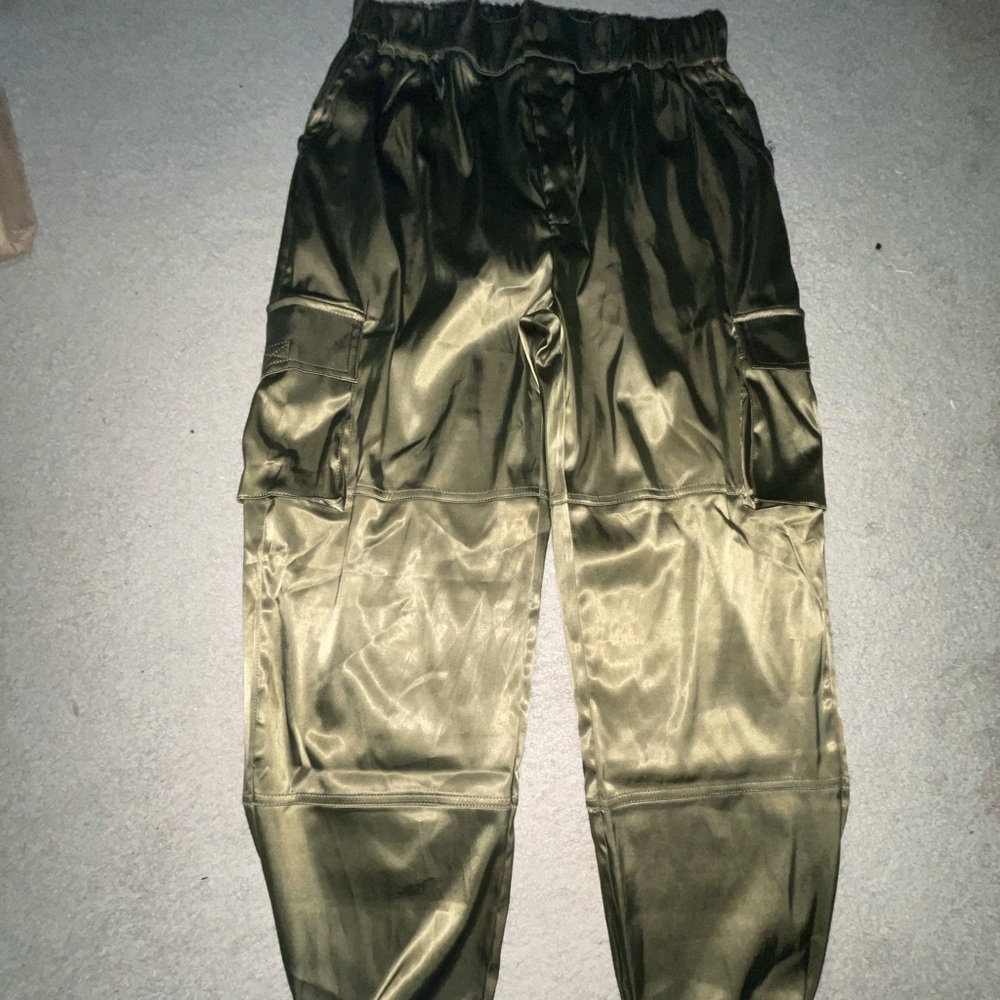 Fashion Nova Olive Green Satin Track Joggers